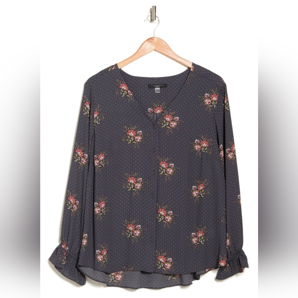 NORDSTROM T TAHARI Ruffle Cuff Blouse Floral Print XL